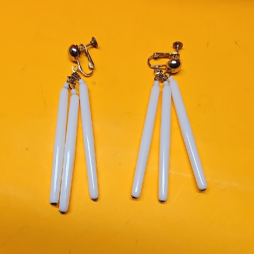 Miriam Haskell Gold-Tone Clip Earrings with White Glass Rods Funky